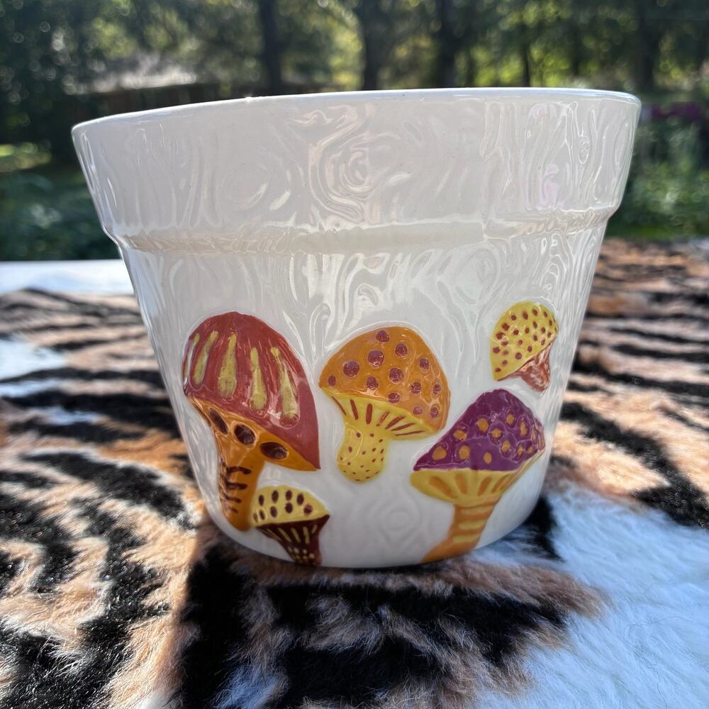 Vintage 1975 Hand Painted Ceramic Mushroom Planter Pot Signed Shirlie 70s